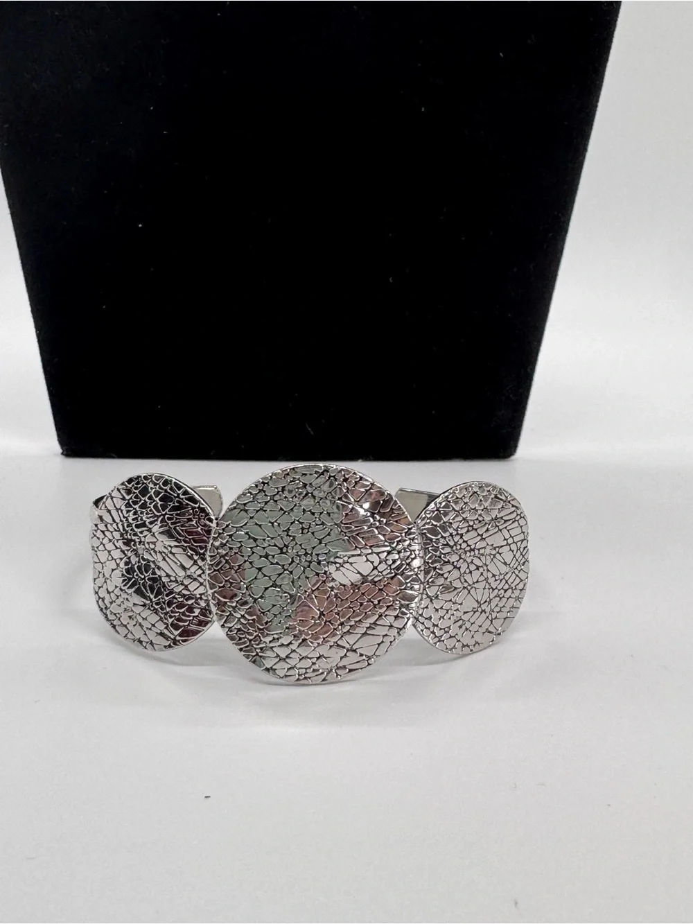 Textured Silver Three-Circle Statement Cuff Bracelet